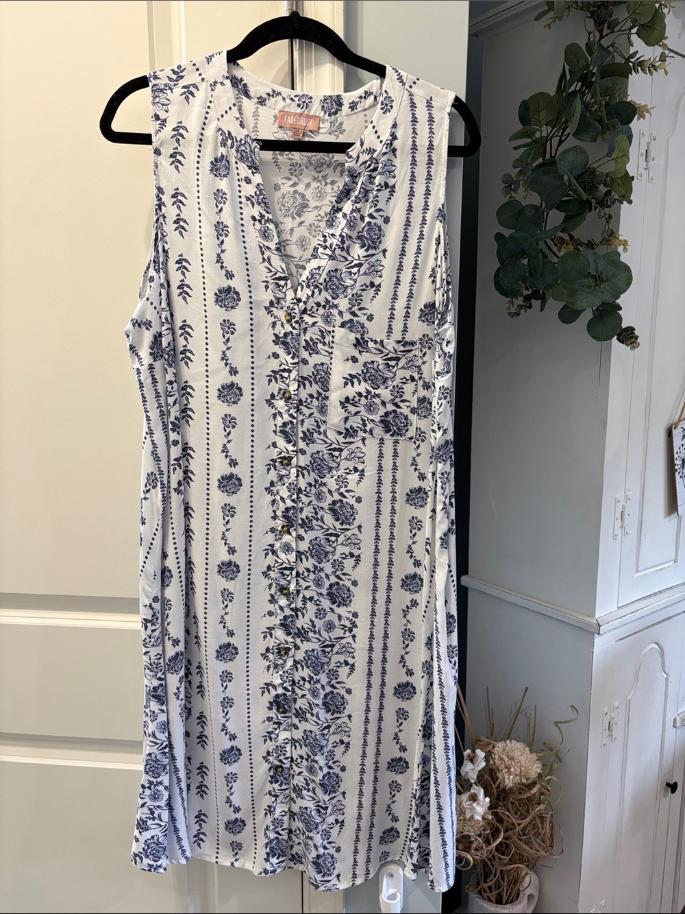 Sleeveless White and Navy Floral Button-Front Dress